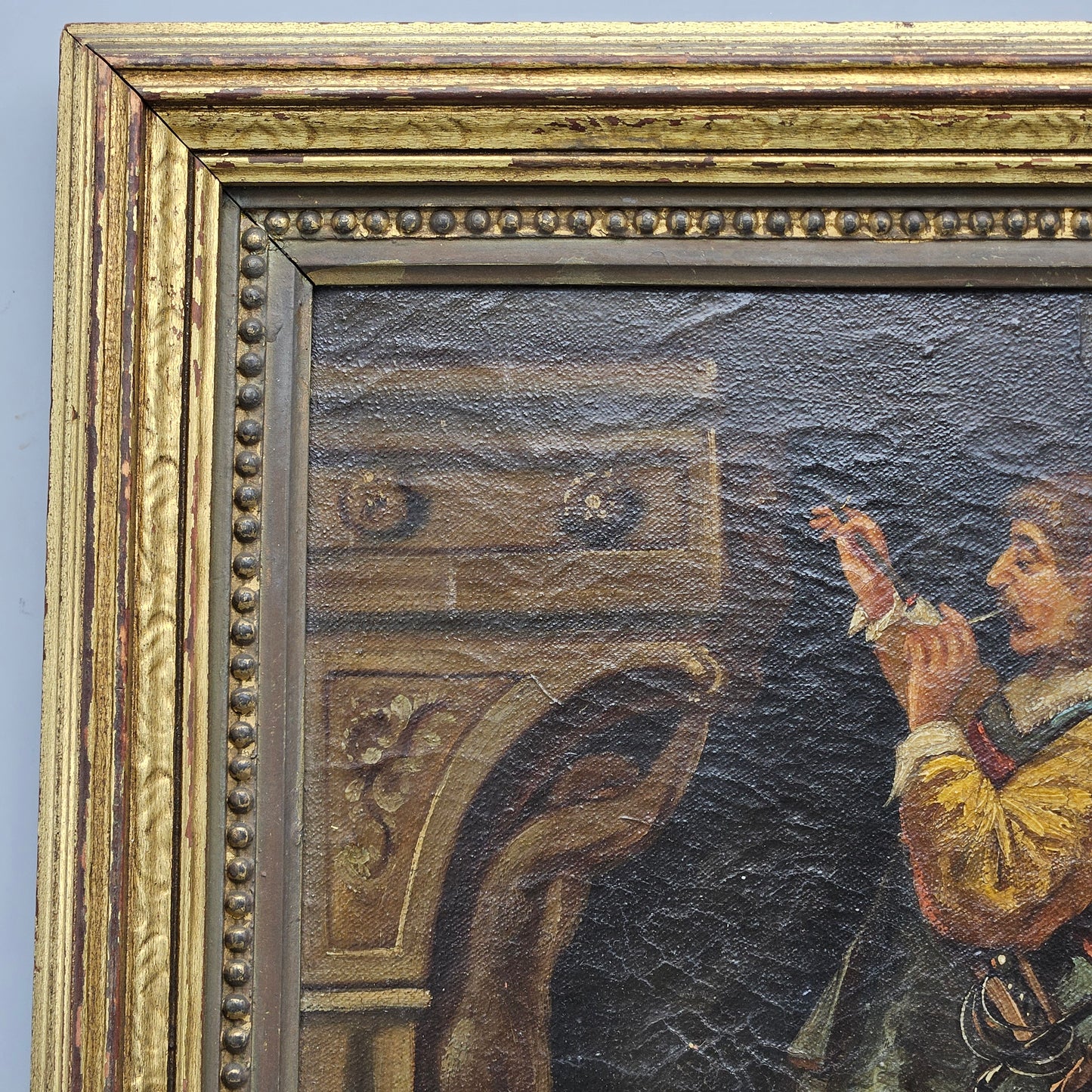 Antique Oil on Canvas Portrait of a Man Lighting His Tobacco Pipe