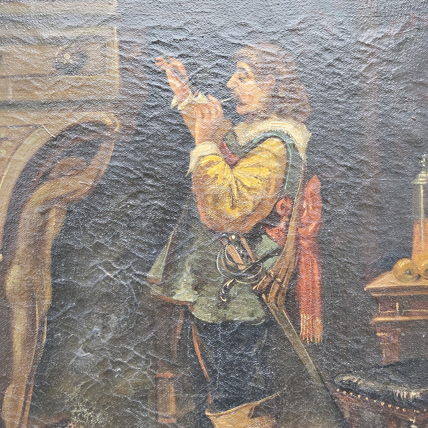 Antique Oil on Canvas Portrait of a Man Lighting His Tobacco Pipe