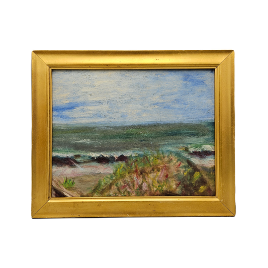 Vintage Oil Painting on Board of Beach Scene Landscape in Gold Frame
