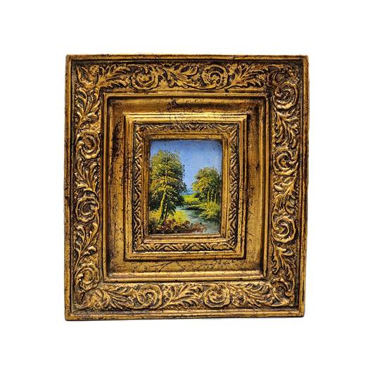 Wonderful Small Miniature Landscape Painting on Board in Embellished Gold Frame
