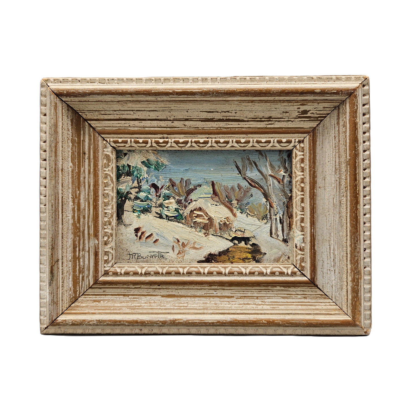 Vintage Small Miniature Signed Oil on Board Painting of Winter Scene in Wooden Frame