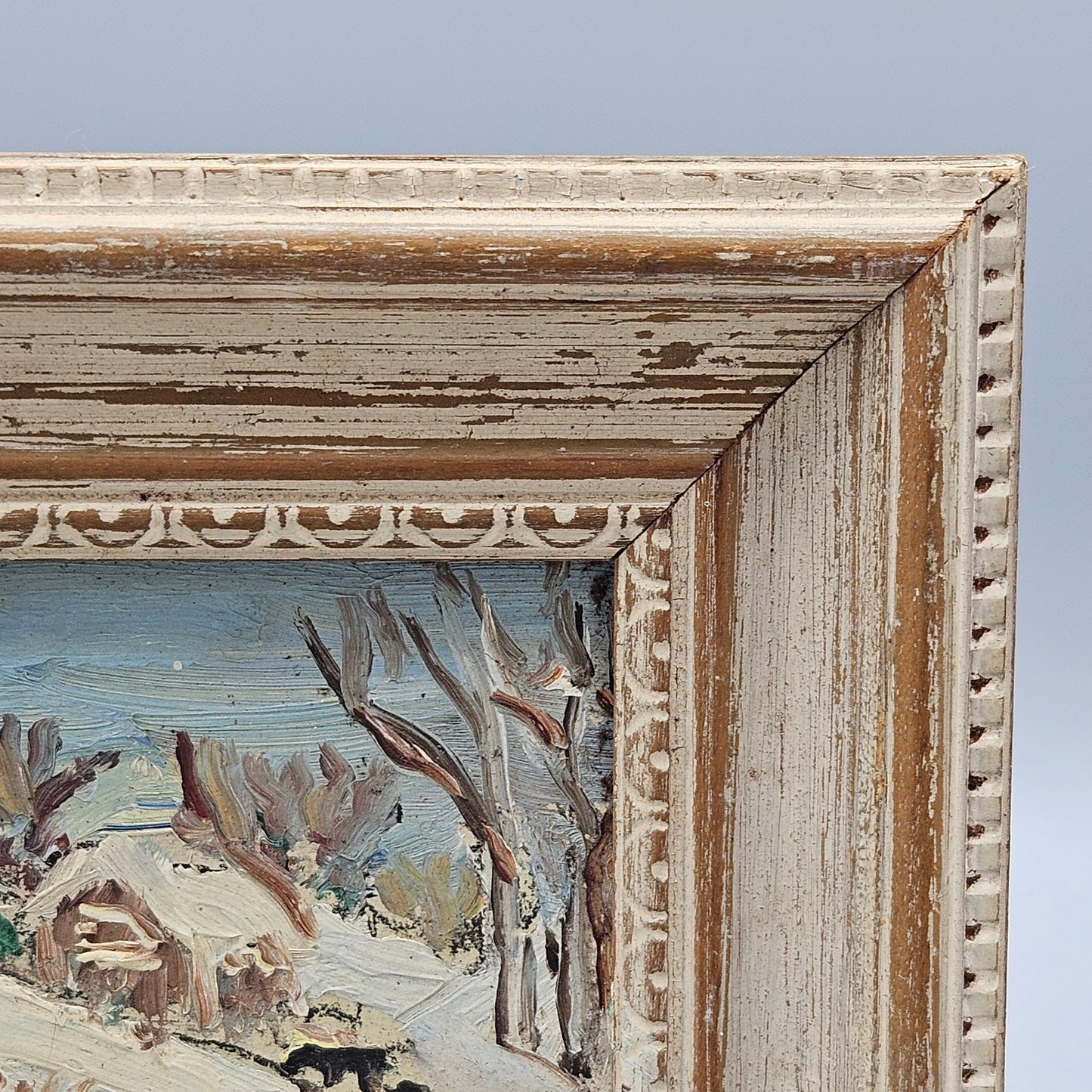 Vintage Small Miniature Signed Oil on Board Painting of Winter Scene in Wooden Frame