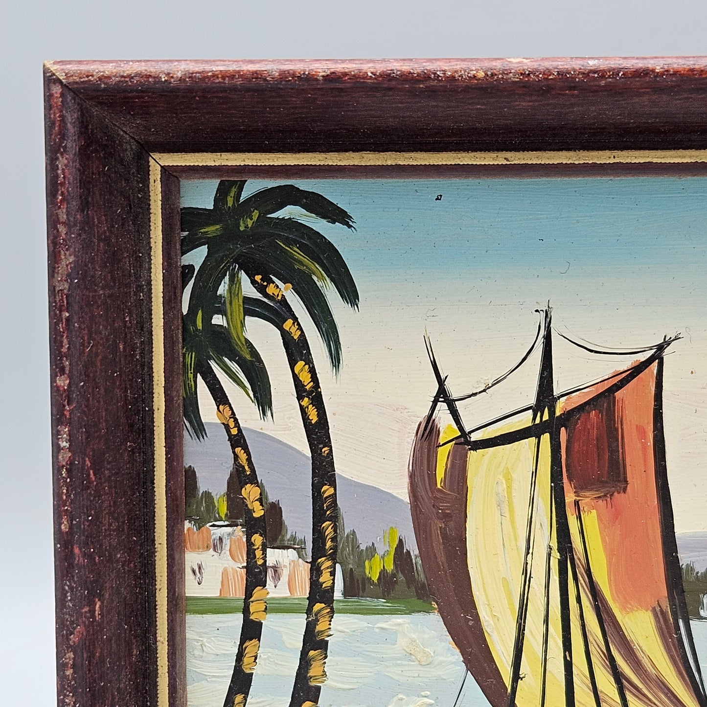 Vintage Small Miniature Oil on Board Painting of Tropical Boat Scene in Wooden Frame