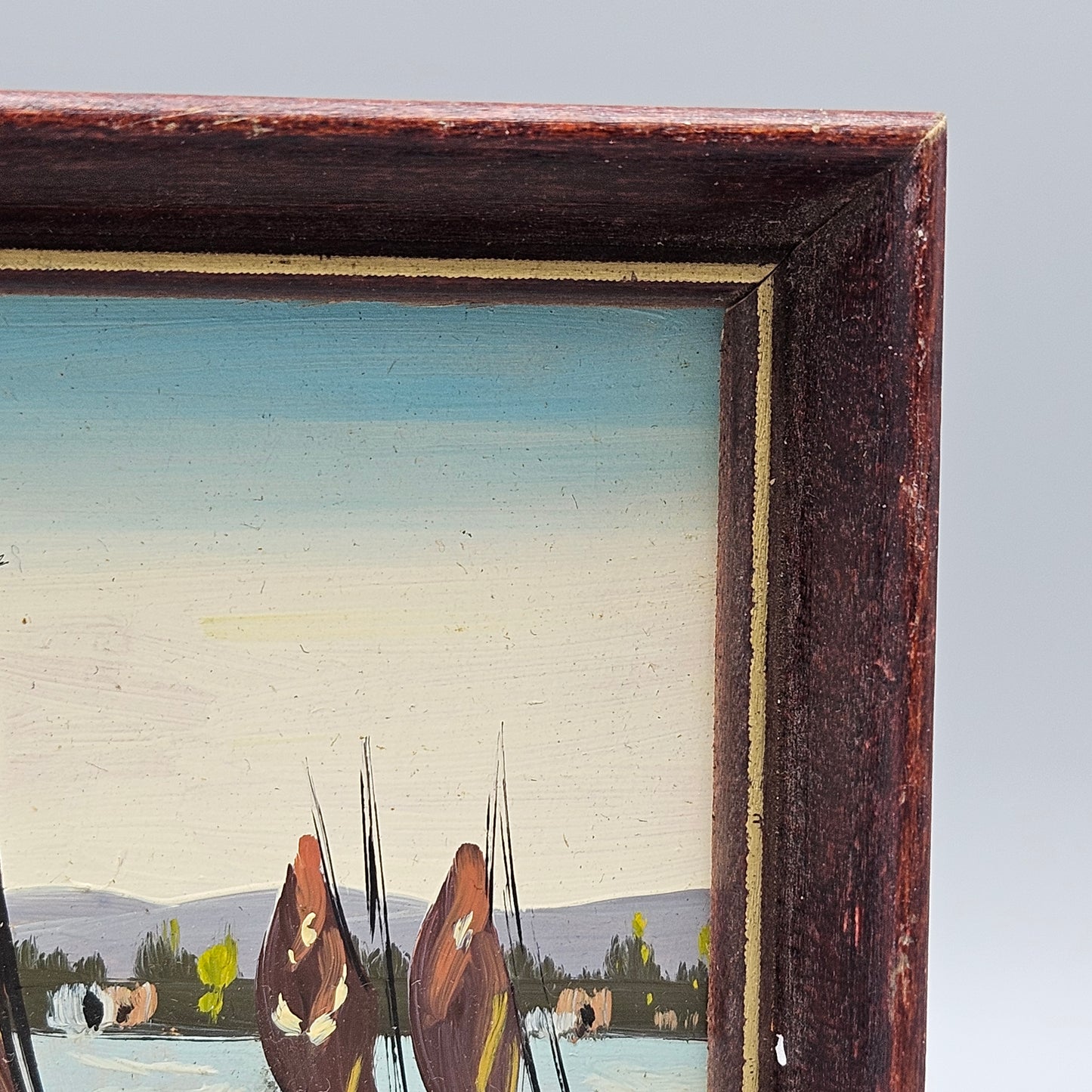 Vintage Small Miniature Oil on Board Painting of Tropical Boat Scene in Wooden Frame