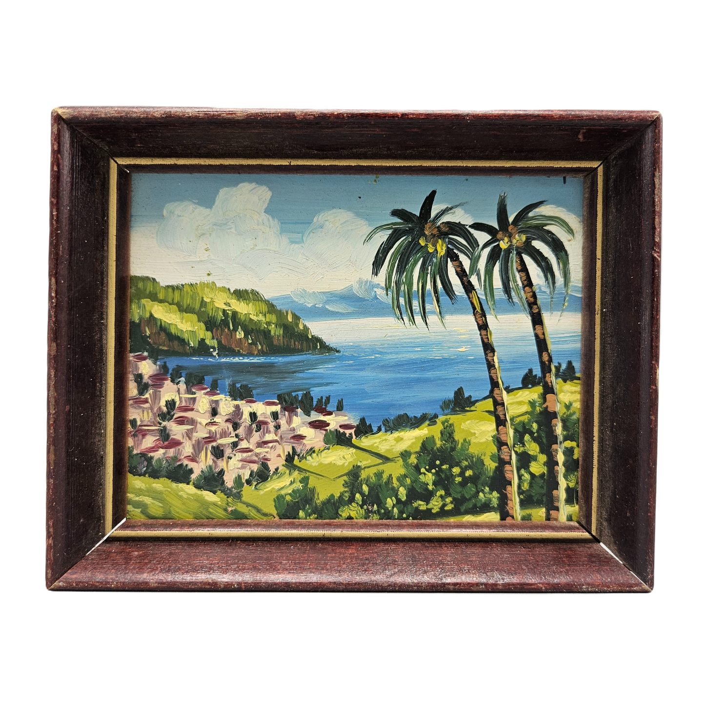 Vintage Small Miniature Oil on Board Painting of Tropical Scene in Wooden Frame
