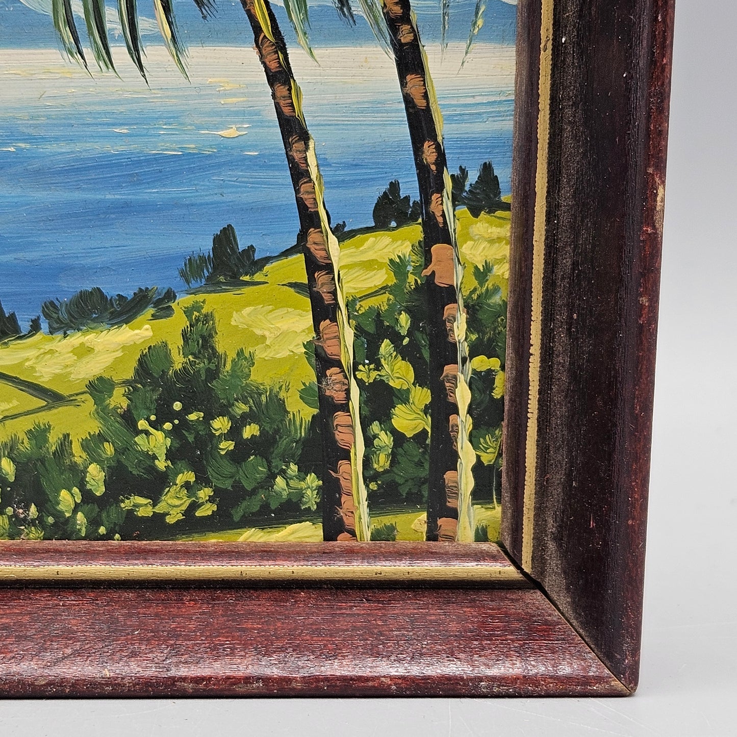 Vintage Small Miniature Oil on Board Painting of Tropical Scene in Wooden Frame