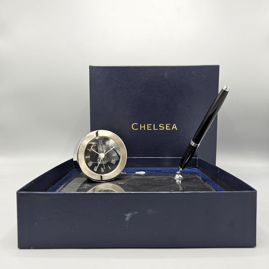 Vintage Chelsea Nickel Desk Clock on Black Marble with Pen in Original Box ~ Retails $225