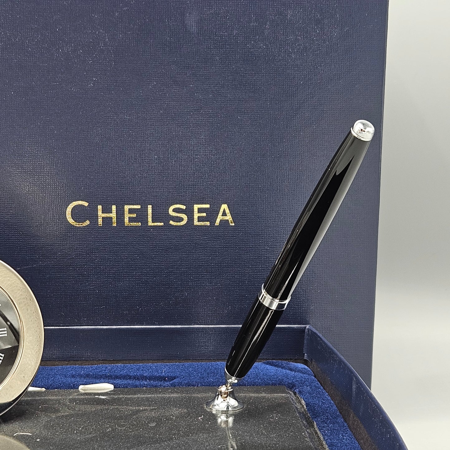 Vintage Chelsea Nickel Desk Clock on Black Marble with Pen in Original Box ~ Retails $225