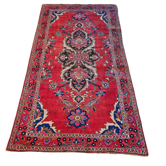 100% Wool Antique Hand Knotted Turkish Red Runner Rug ~ 5' 1" x 9' 3"