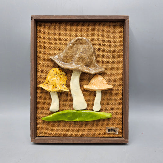 Vintage Framed Mushroom Plaque on Burlap