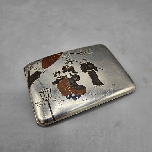 Vintage Japanese Scene Sterling Silver Cigarette Case