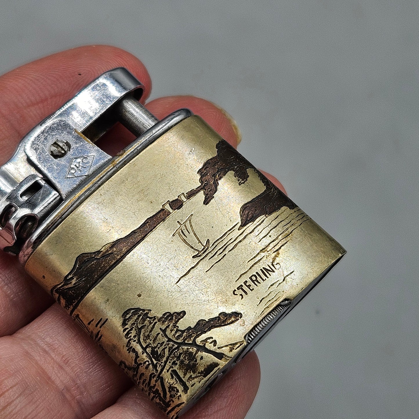 Vintage Sterling Silver Japanese Cigarette Lighter with Scene