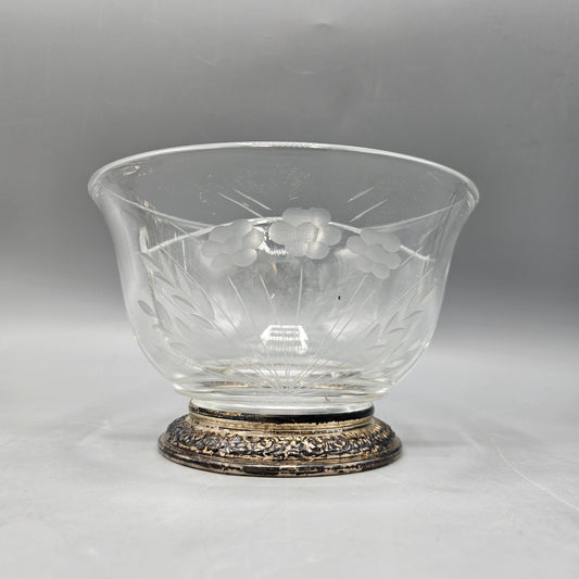 Vintage Divided Glass Etched Bowl with Sterling Silver Base