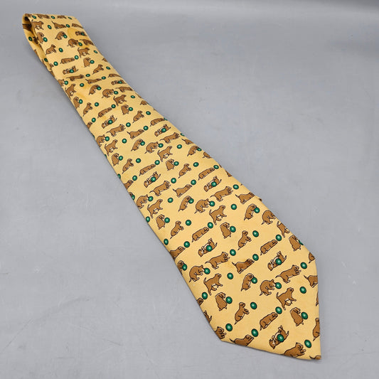 Hermes Yellow Silk Tie with Dogs & Balls