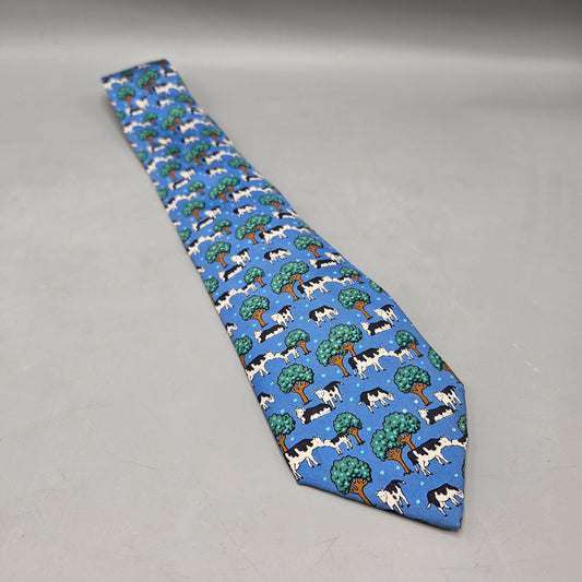 Hermes Blue Silk Tie with Cows & Trees