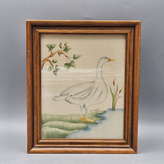 Signed Watercolor Painting on Canvas of Goose at Waters Edge in Wooden Frame