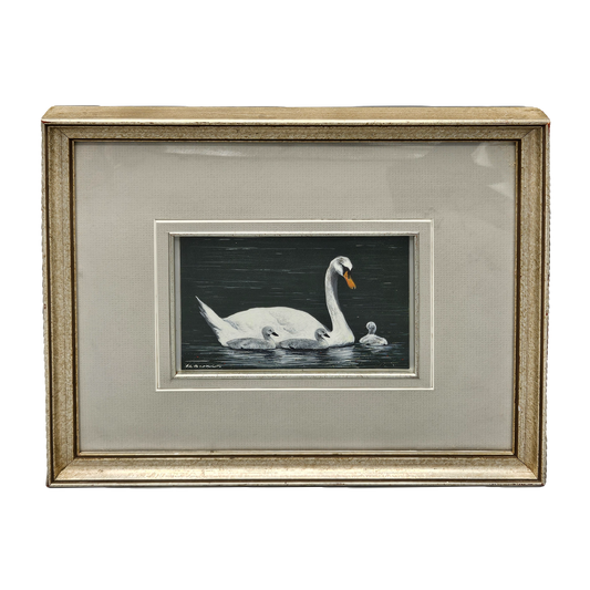 Signed Beautiful Oil Painting on Panel of Swan "Mother's Pride" in Silver Frame