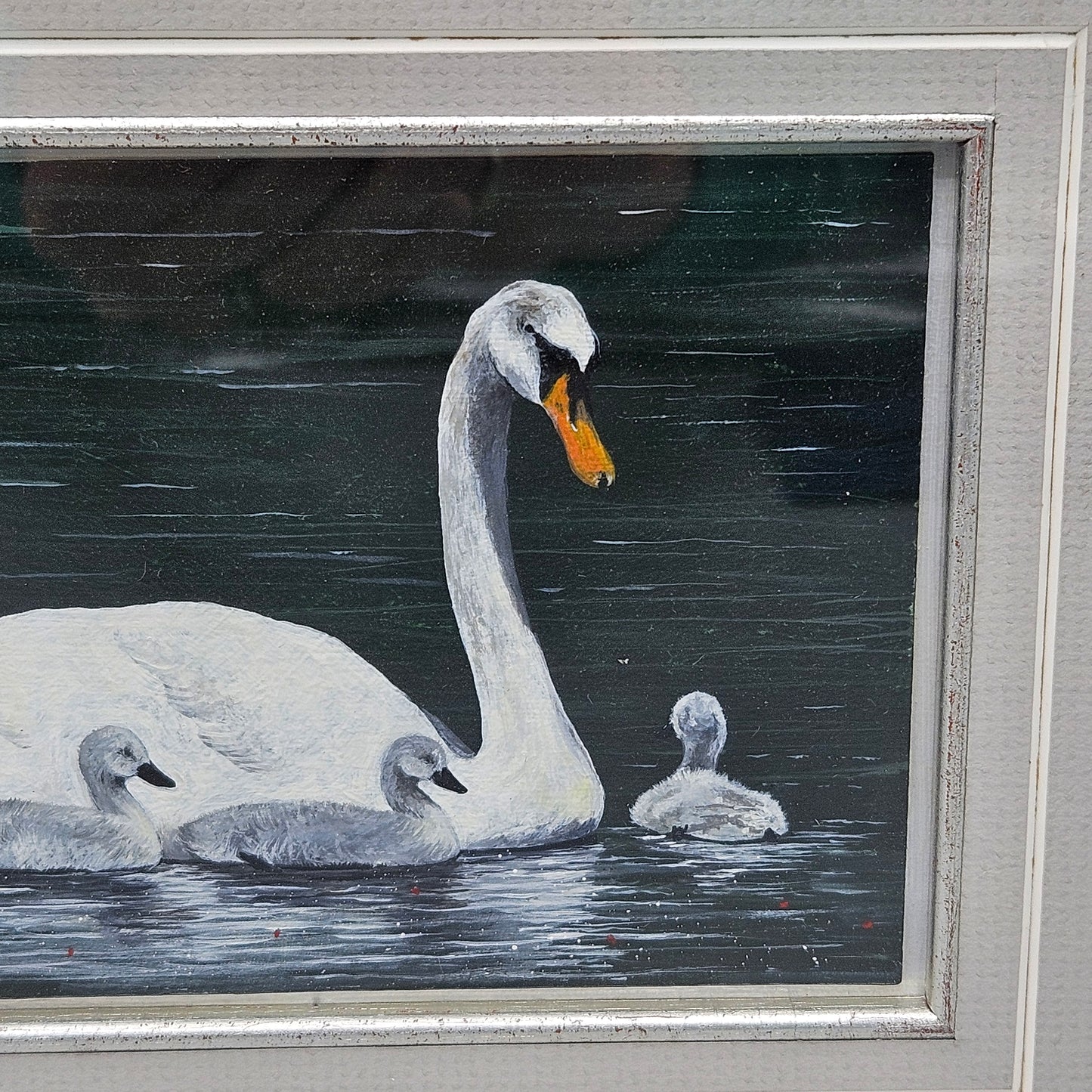 Signed Beautiful Oil Painting on Panel of Swan "Mother's Pride" in Silver Frame