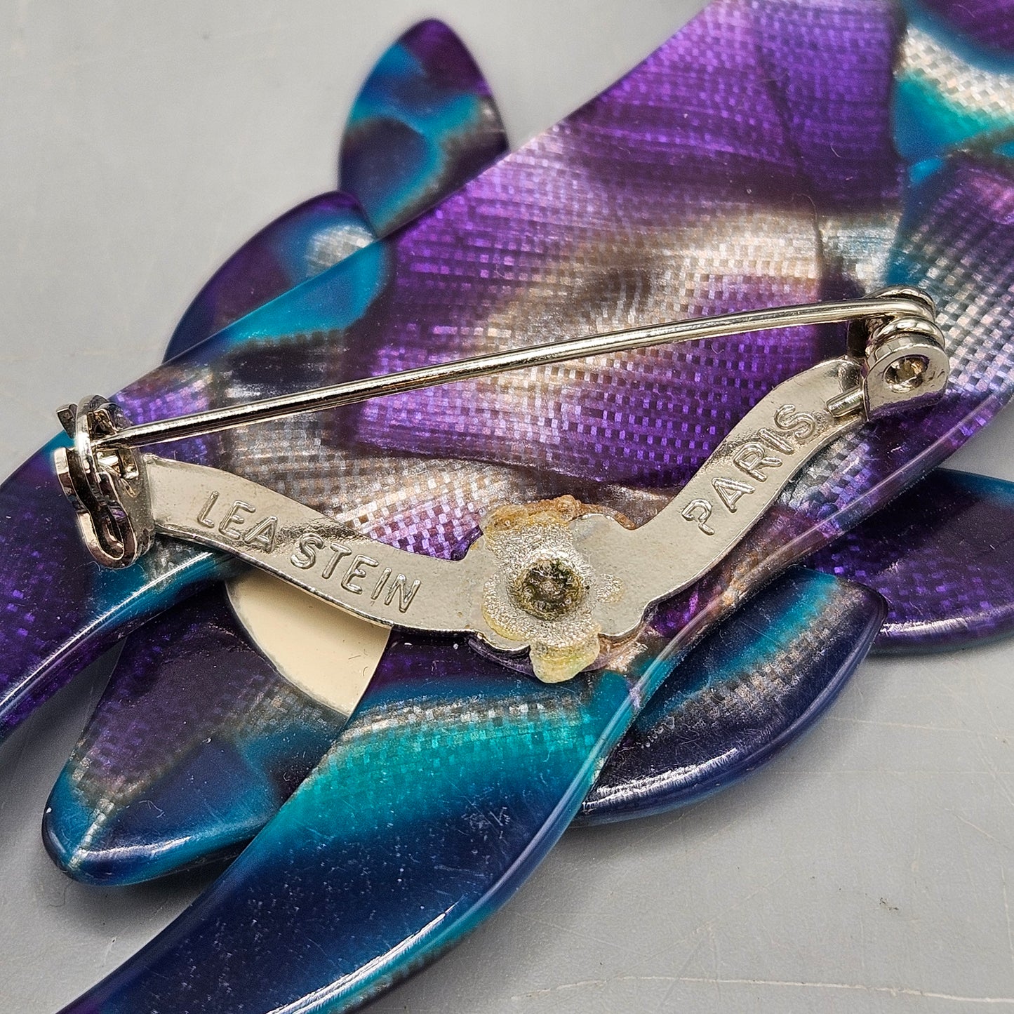 Lea Stein Bakelite Fox Brooch Pin Pearly Grey & Purple