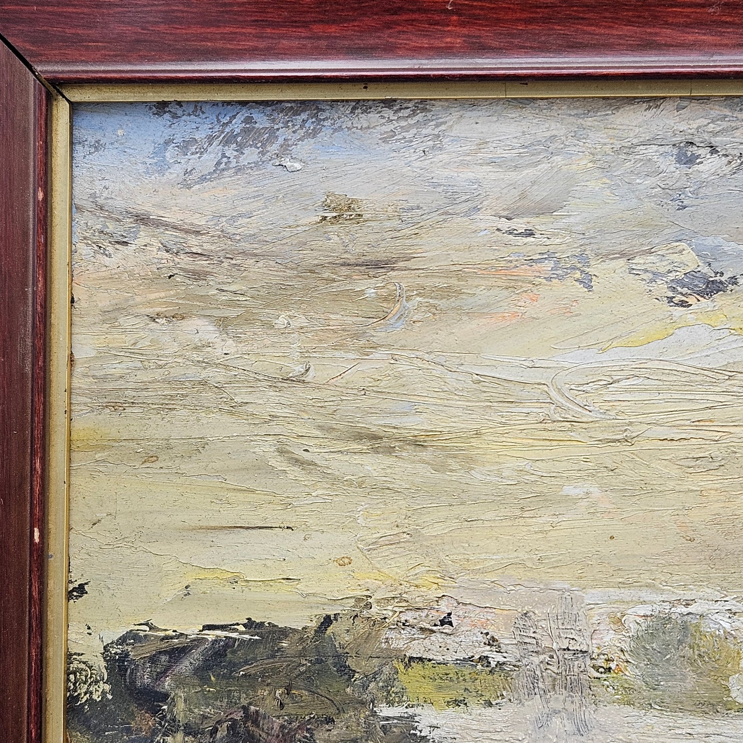 Wonderful Antique Abstract Oil on Board Painting of Water Landscape in Wooden Frame