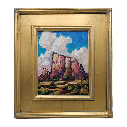 Signed Landscape Oil on Board Painting of Desert Landscape with Mountain in Gold Frame