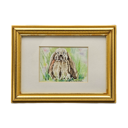 Adorable Signed Small Miniature Watercolor of Floppy Eared Bunny in Gold Frame