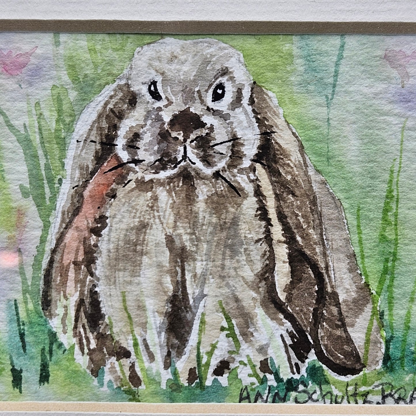 Adorable Signed Small Miniature Watercolor of Floppy Eared Bunny in Gold Frame