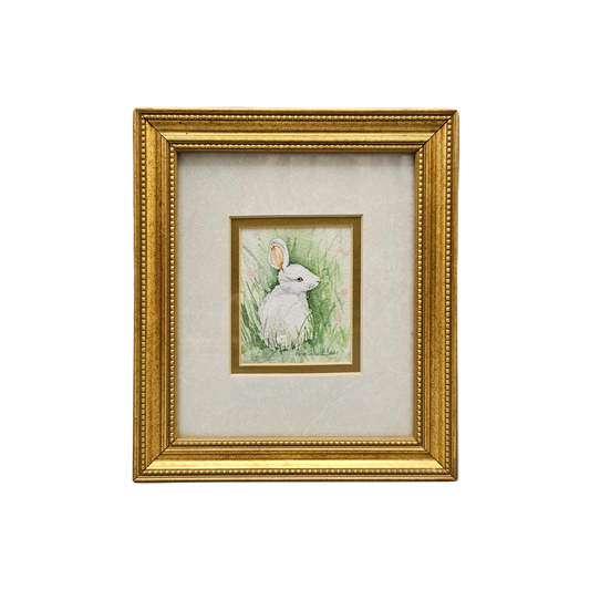 Adorable Signed Small Miniature Watercolor of White Rabbit in Gold Frame