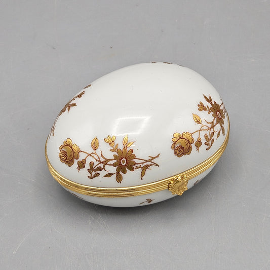 Vintage FM Limoges Gold Painted Porcelain Hinged Easter Egg Trinket Box