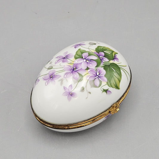 Vintage FM Limoges Porcelain Hinged Easter Egg Trinket Box with Purple Flowers