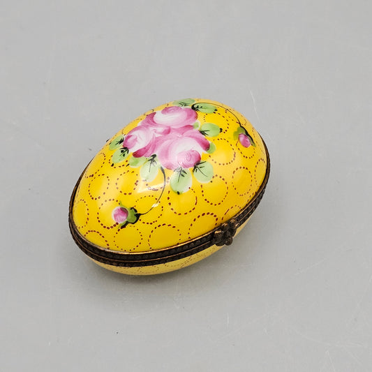 Vintage Limoges Peint Main Yellow Porcelain Hinged Easter Egg Trinket Box with Flowers