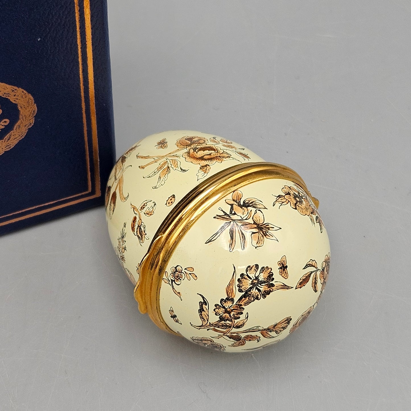 Vintage Halcyon Days Egg Shaped Trinket Box with Flowers