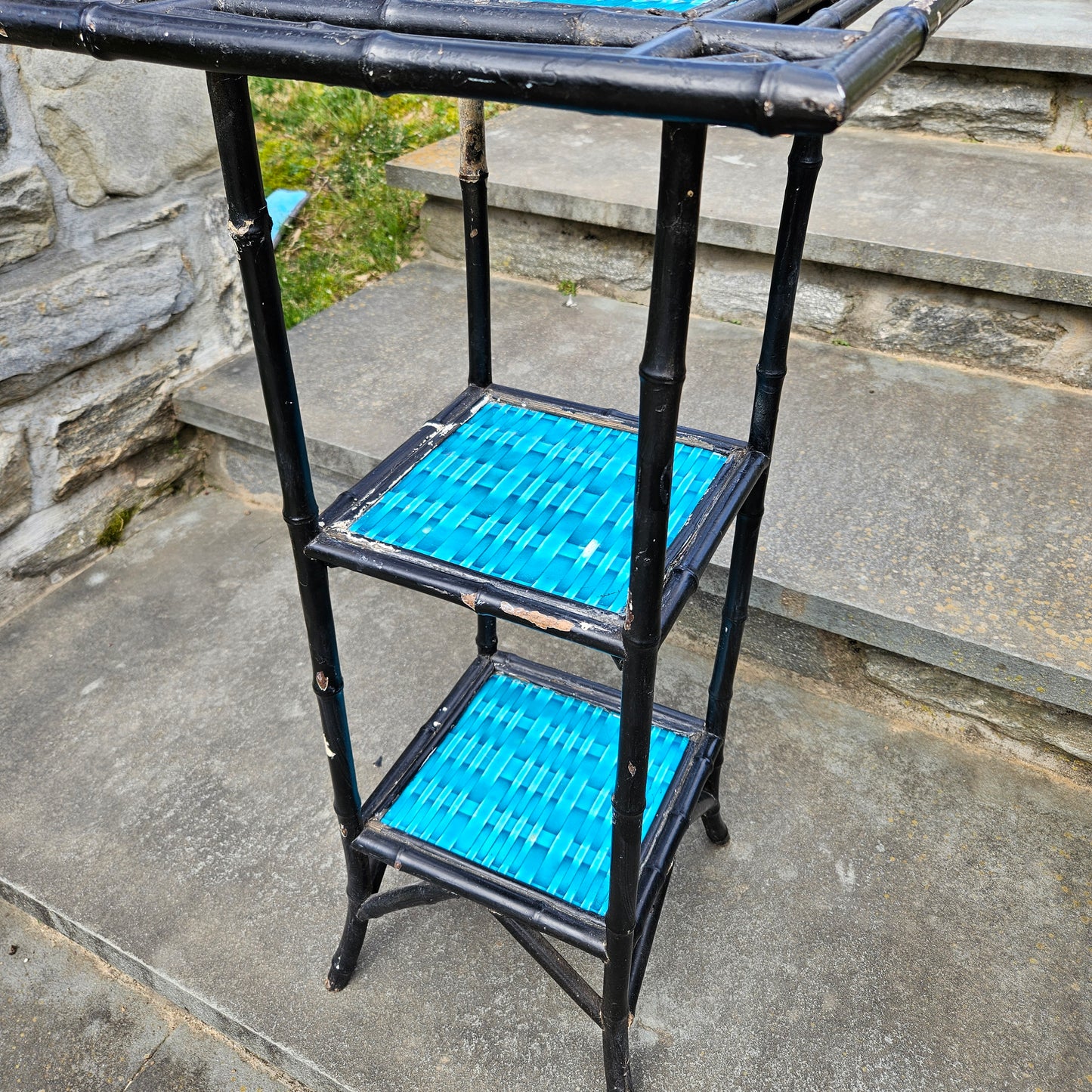 Antique Faux Bamboo Plant Stand with Blue Minton Tiles