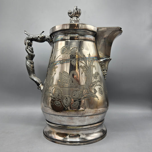 Impressive Victorian Wilcox Silver Plate Engraved Figural Water Coffee Pitcher Circa 1854