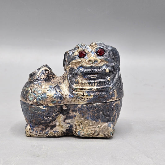 Vintage Chased Silver Lion-Shaped Betel Box with Red Glass Eyes from Cambodia