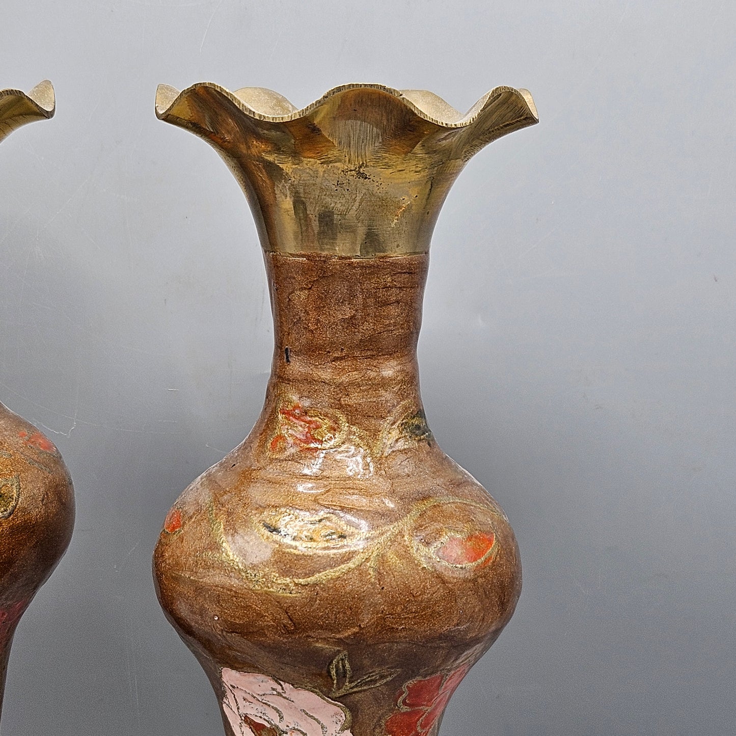 Pair of Vintage Brass Ruffled Rim Vases with Flowers