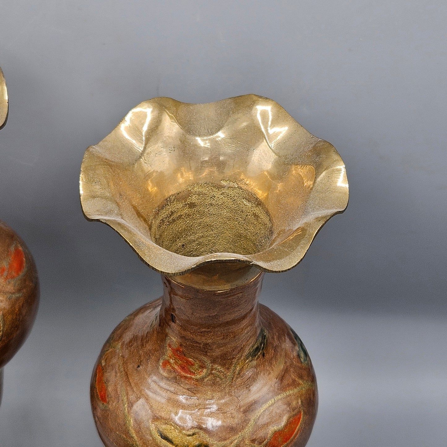 Pair of Vintage Brass Ruffled Rim Vases with Flowers