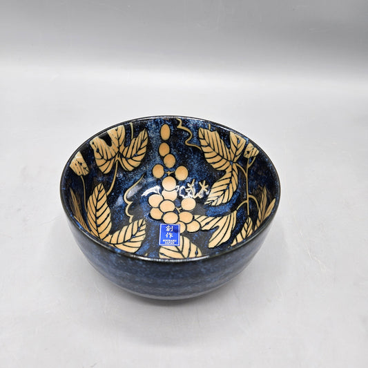 Sousaku Blue & Gold Leaf & Berry Pattern Rice Bowl