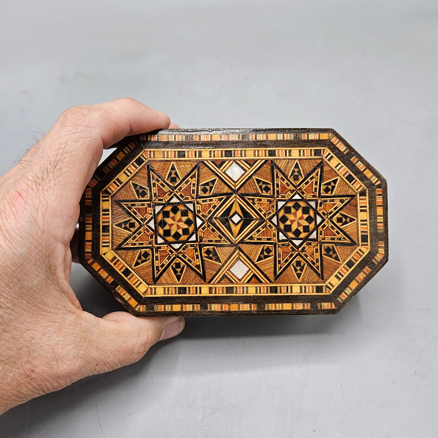Vintage Jewelry Box Marquetry Wood Mosaic Inlaid with Mother of Pearl & Octagon Star