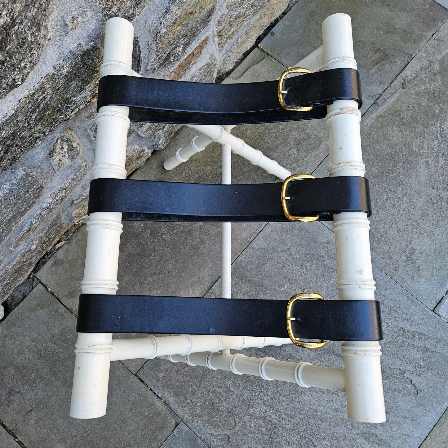 Vintage White Faux Bamboo Luggage Rack with Black Belts