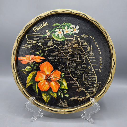 Vintage Florida State Map Black Tin Metal Souvenir Round Tray