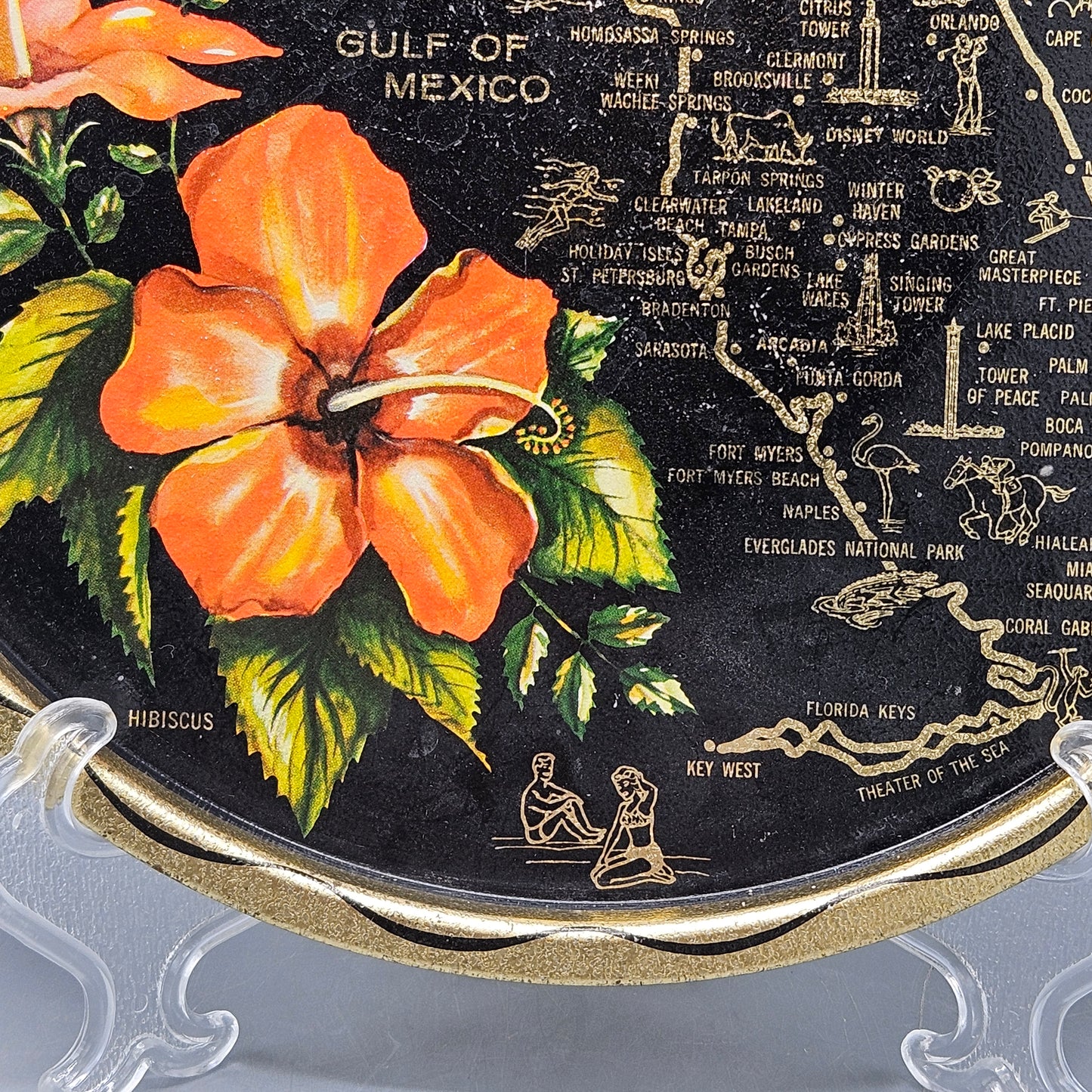Vintage Florida State Map Black Tin Metal Souvenir Round Tray
