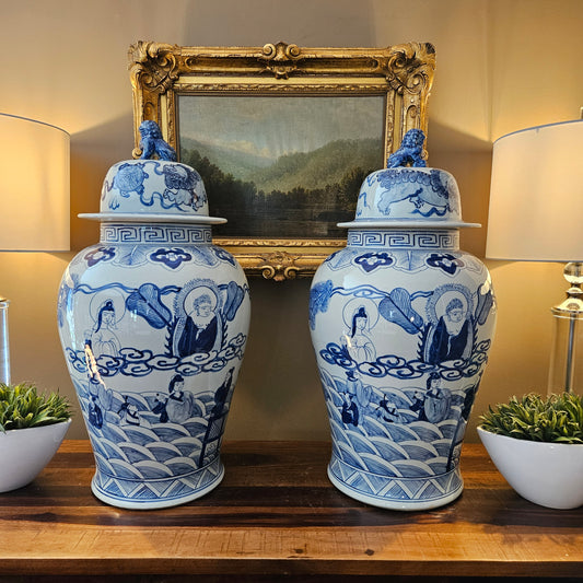 Pair of Monumental Blue and White Porcelain Lidded Urns