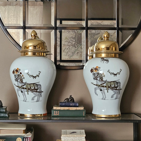 Pair Hermes Style Equestrian Porcelain Temple Jars
