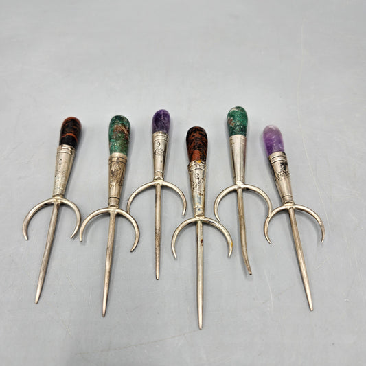 Set of 6 Vintage Mexico Sterling Silver Stone Trident Bar / Cocktail Pick