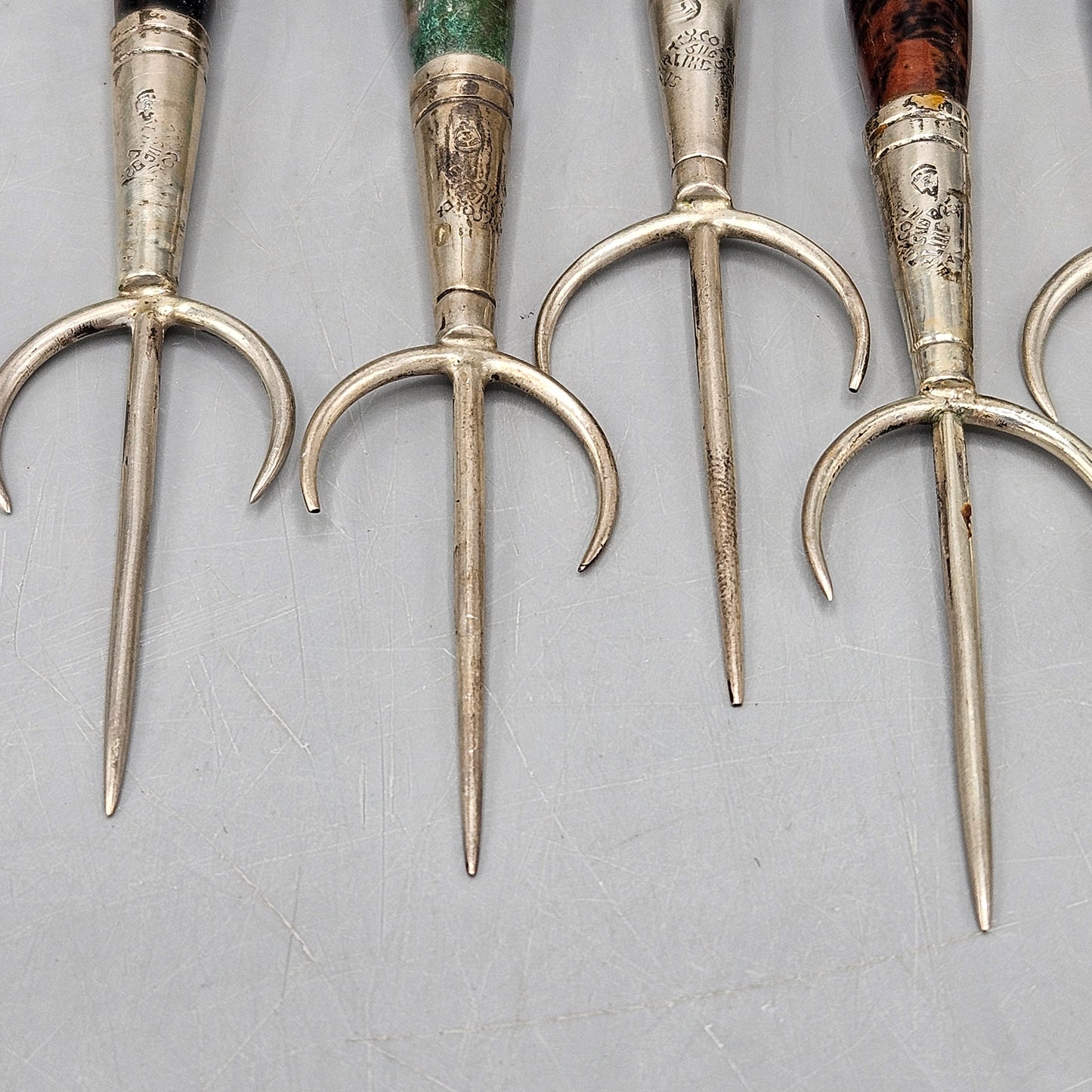 Set of 6 Vintage Mexico Sterling Silver Stone Trident Bar / Cocktail Pick
