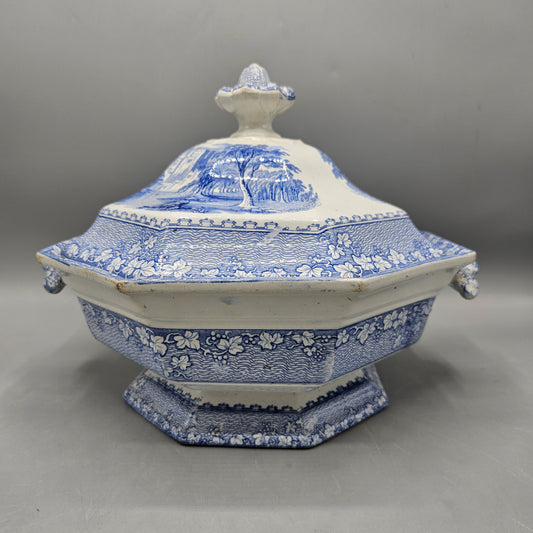 Vintage John Alcock Priory Blue Transferware Porcelain Lidded Tureen