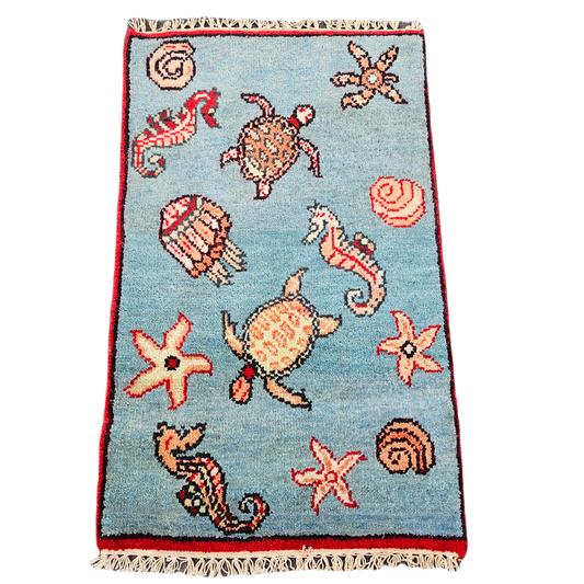 Brand New 100% Wool Turkish Hand Knotted Sea Life Themed Rug ~ 2' x 3'