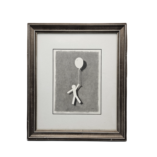 Original Framed J. Clapp Trompe L'œi Drawing Artwork of Man with Balloon