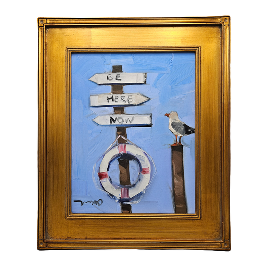 "Be Here Now" Jose Trujillo Oil Painting on Canvas Seagull & Sign Post with Life Ring